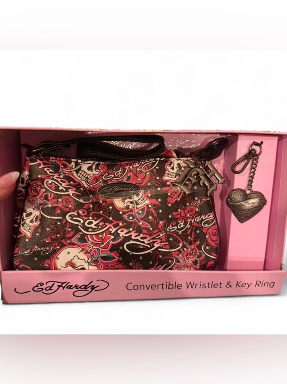 NIB Ed Hardy Black, Pink & Red Convertible Wristlet with Keychain